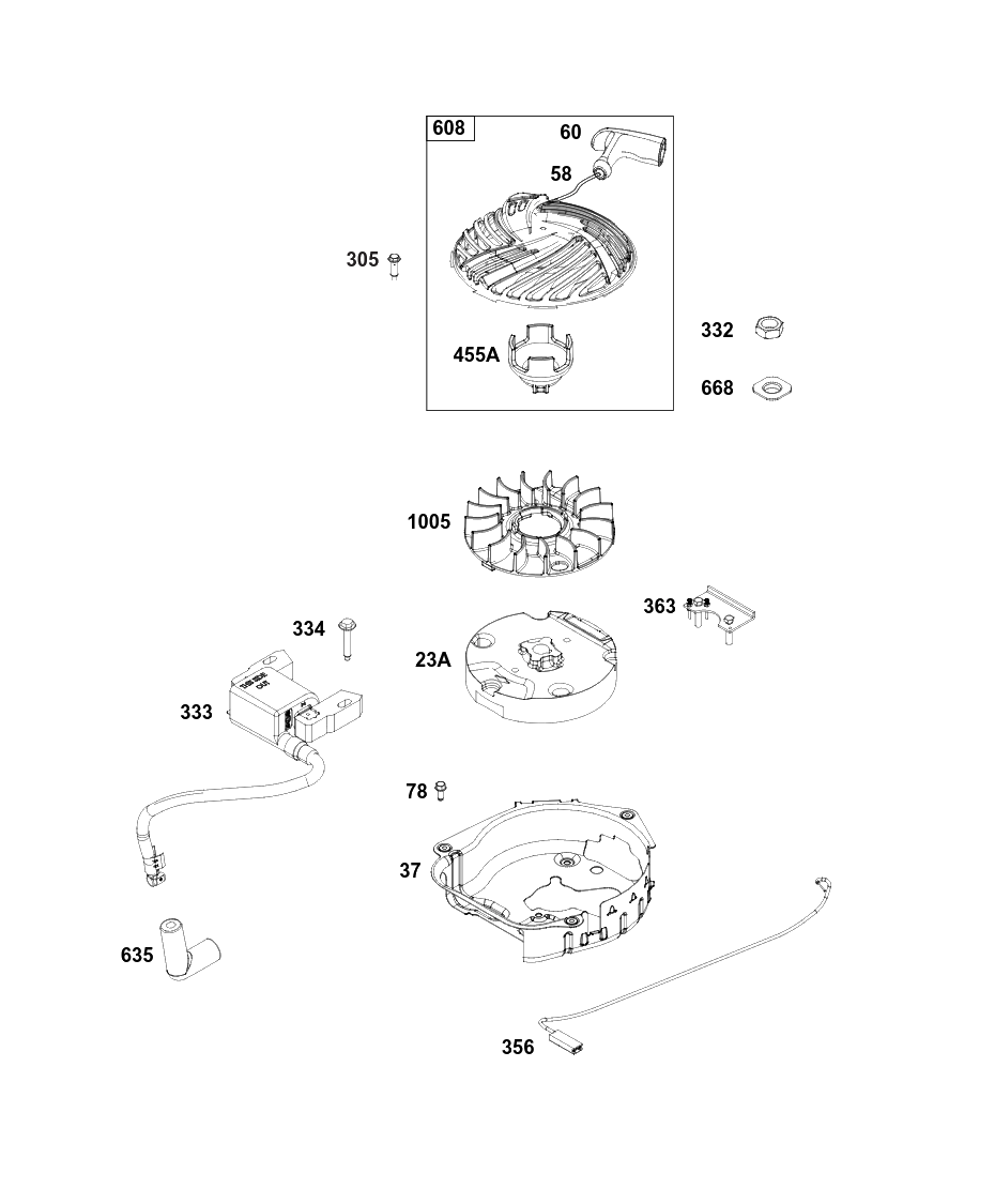 Flywheel, Ignition, And Starter Group Diagram and Parts List for 093J02-0069-H5 020000 - 09Z999 Briggs and Stratton Engine